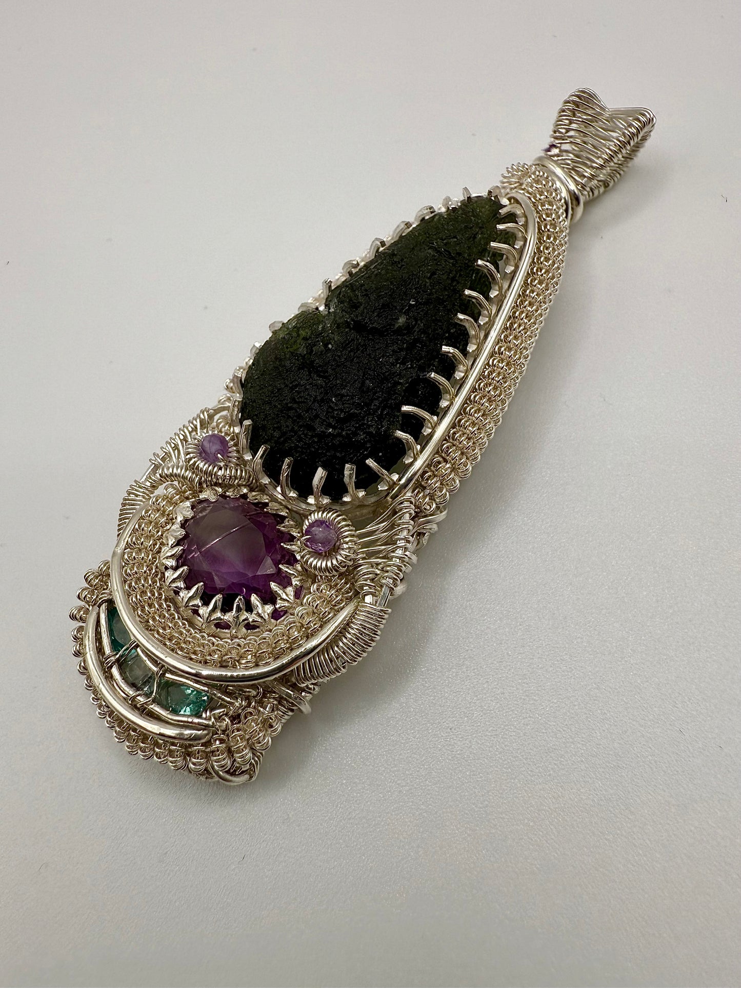 GG33) Large Moldavite, Amethyst, Aquamarine, & Blue Apatite Pendant Necklace In Sterling Silver