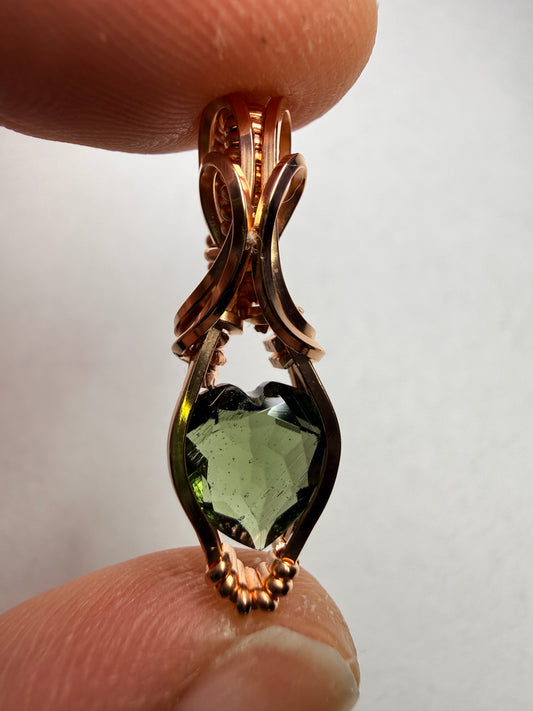 Moldavite Heart Faceted Pendant In Copper