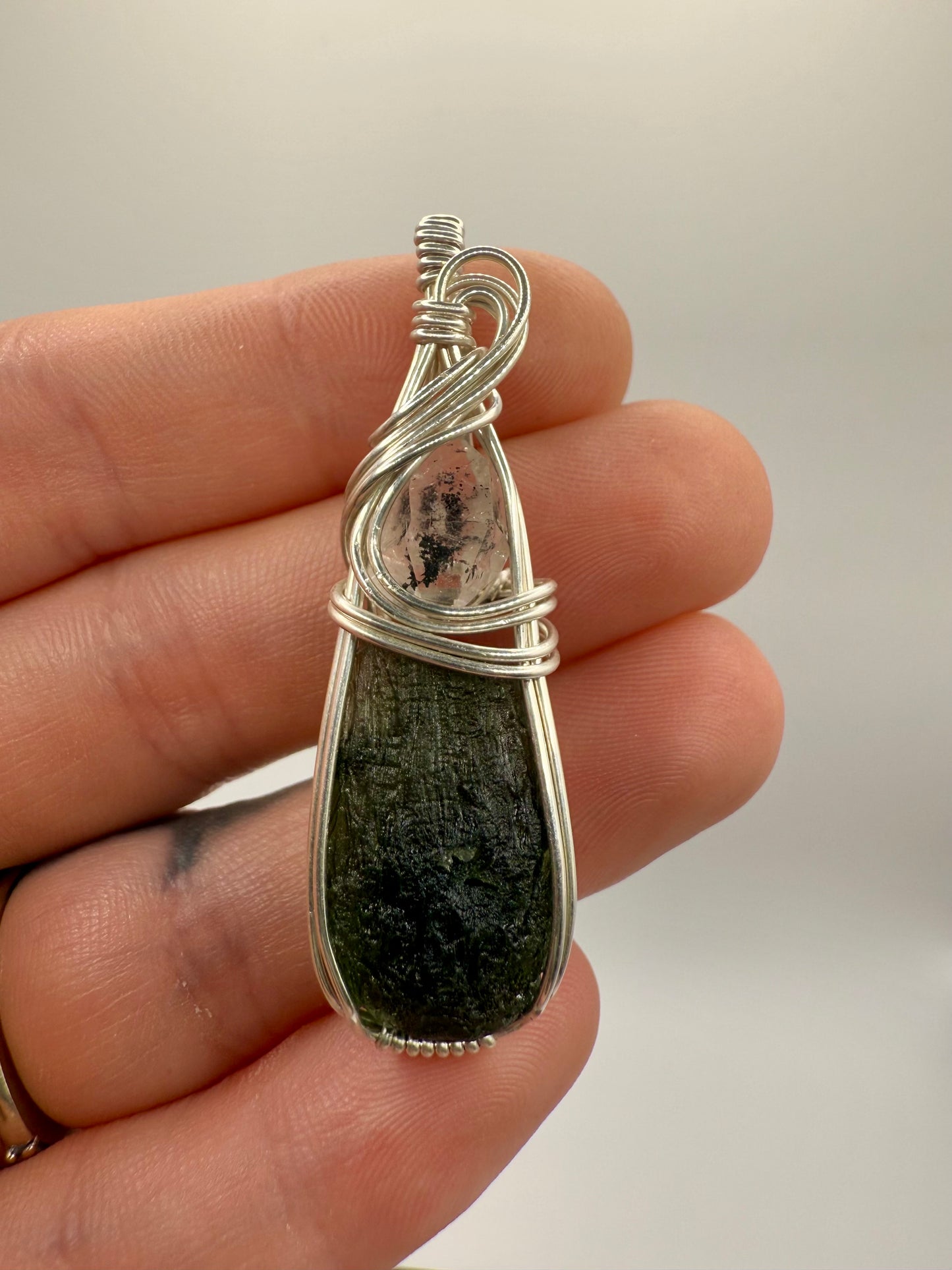 C11) Krasejovka Moldavite & Herkimer Diamond Pendant Necklace In Sterling Silver