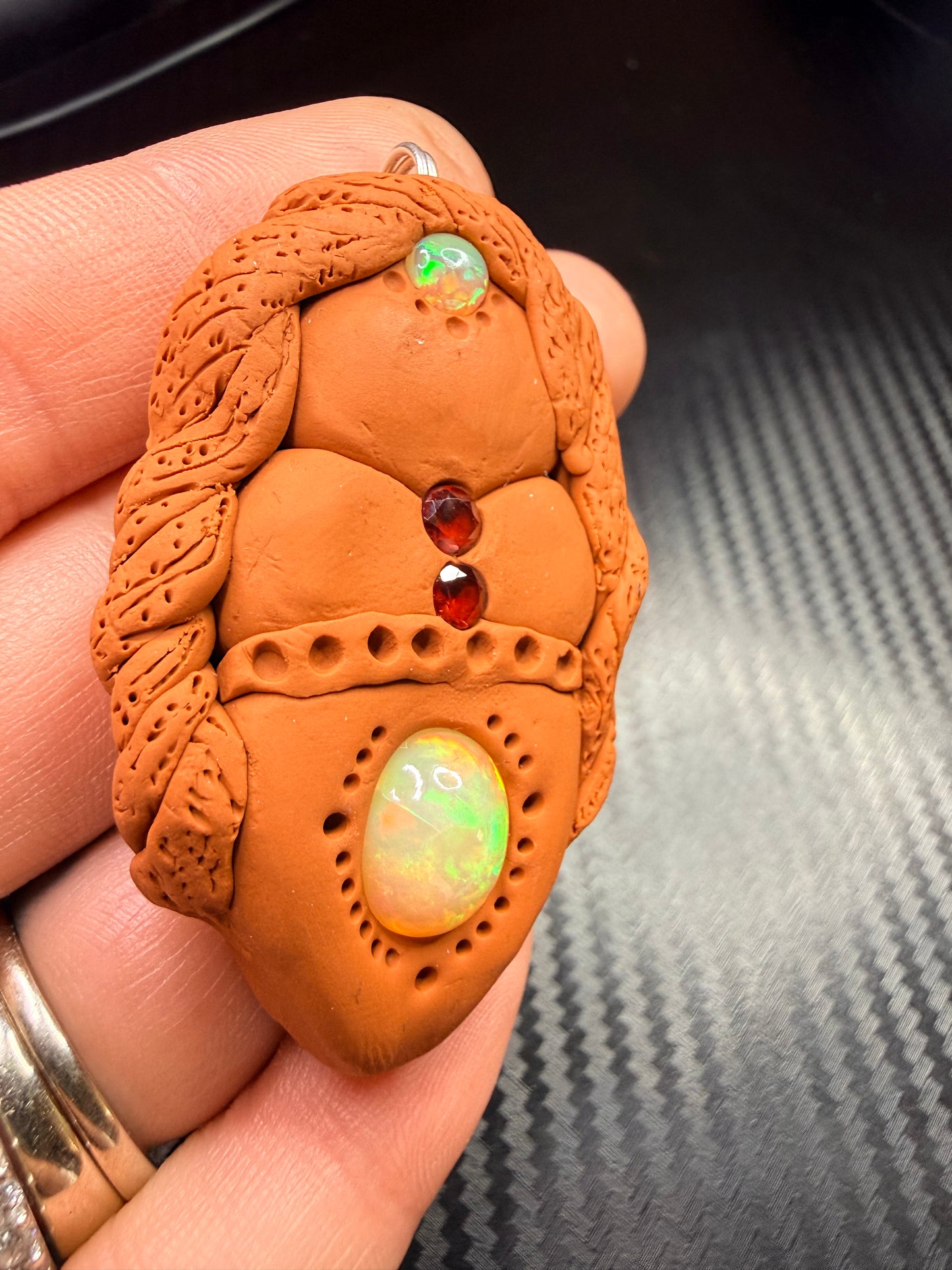 Goddess Talisman Necklace | Opal & Garnet Crystal Pendant | Divine Feminine Jewelry | Handmade Clay Spiritual Amulet | Passion & Heart Energy