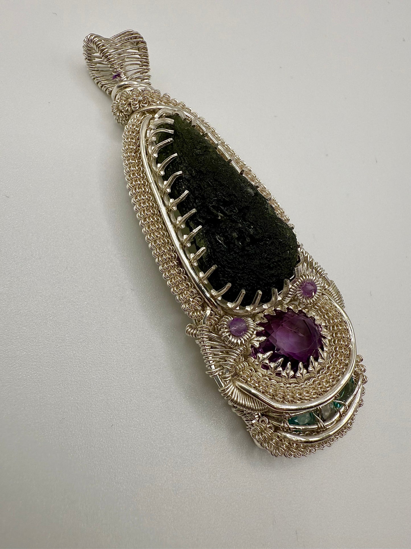GG33) Large Moldavite, Amethyst, Aquamarine, & Blue Apatite Pendant Necklace In Sterling Silver