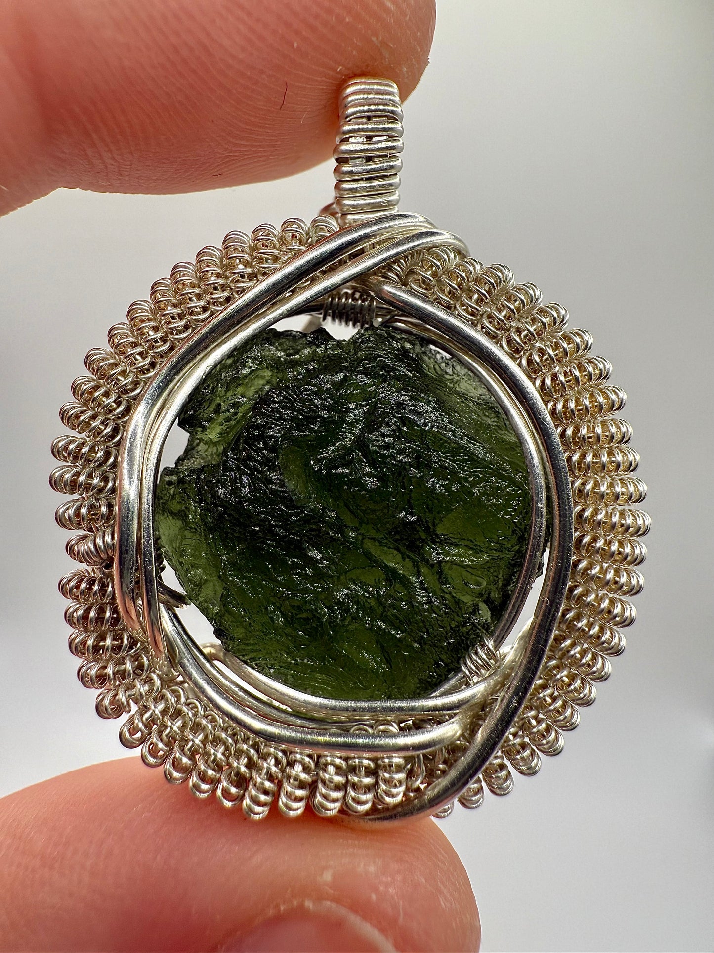 1MSS) Moldavite Pendant Necklace In Sterling Silver