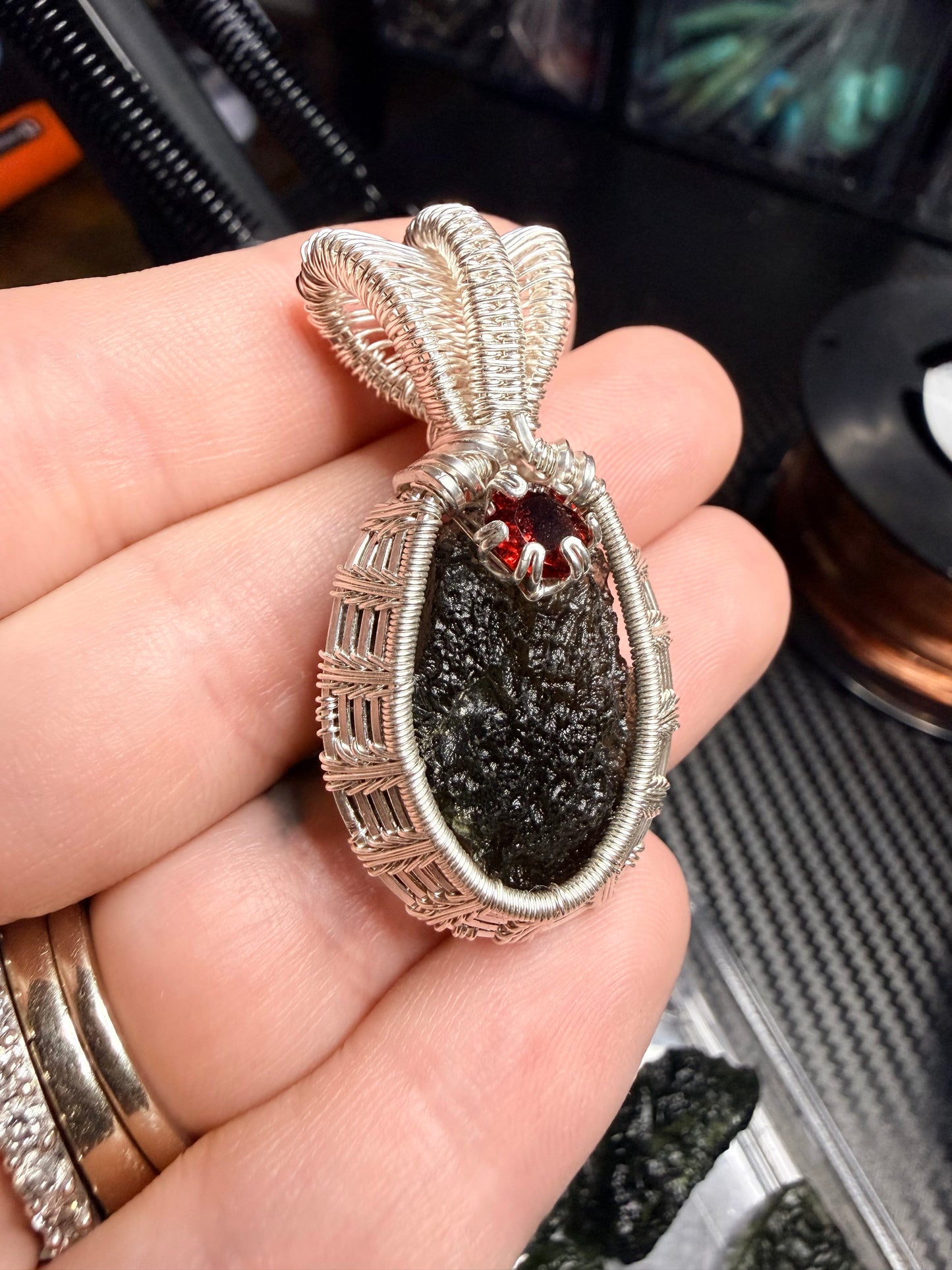 11VDS) Moldavite Pendant With Red Garnet Accent In Sterling Silver Pendant