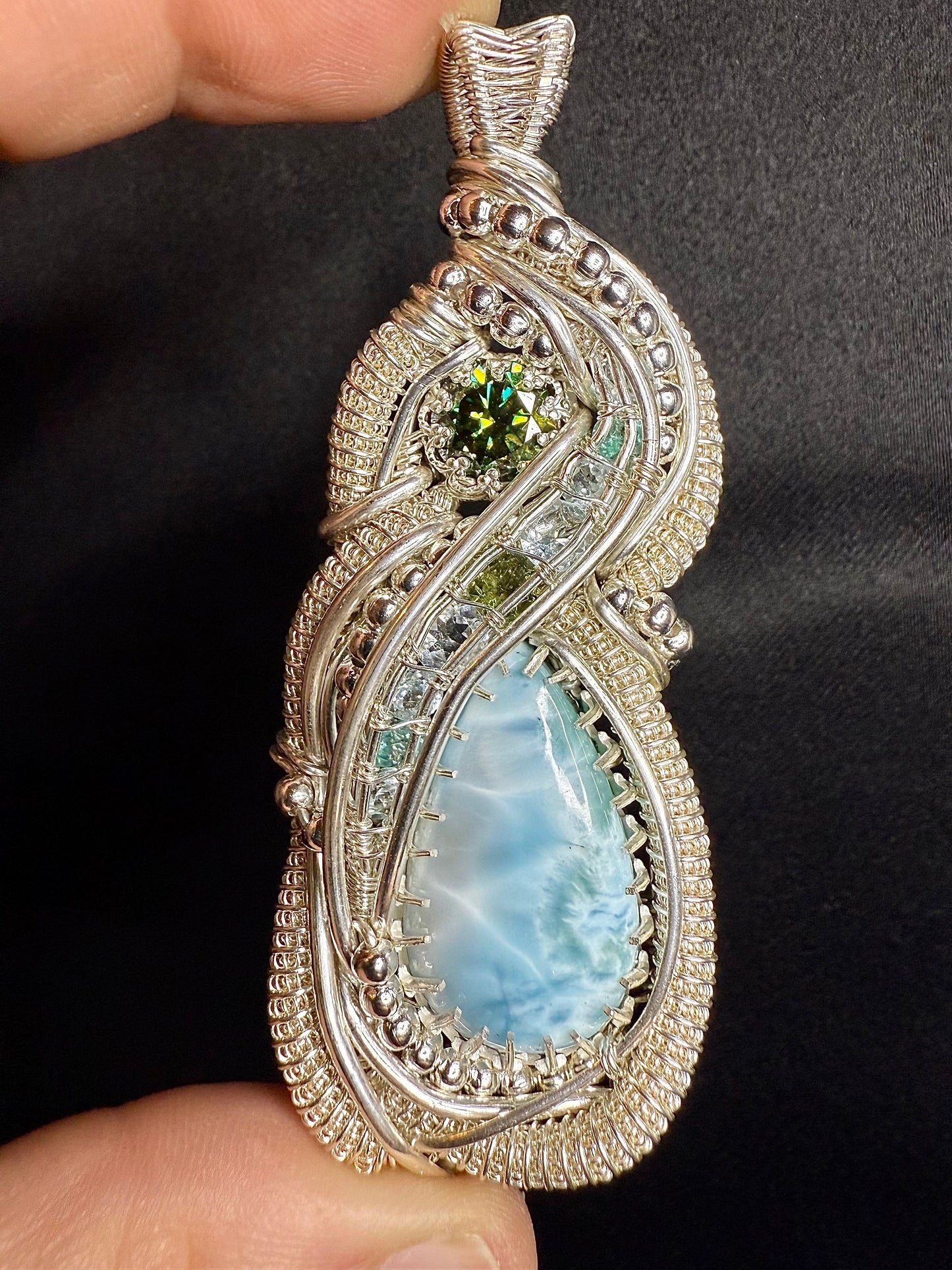 ZZ12) Larimar Multi Stone Pendant Necklace In Sterling Silver