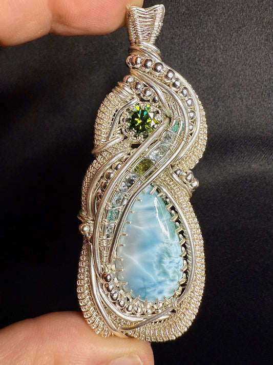 ZZ12) Larimar Multi Stone Pendant Necklace In Sterling Silver