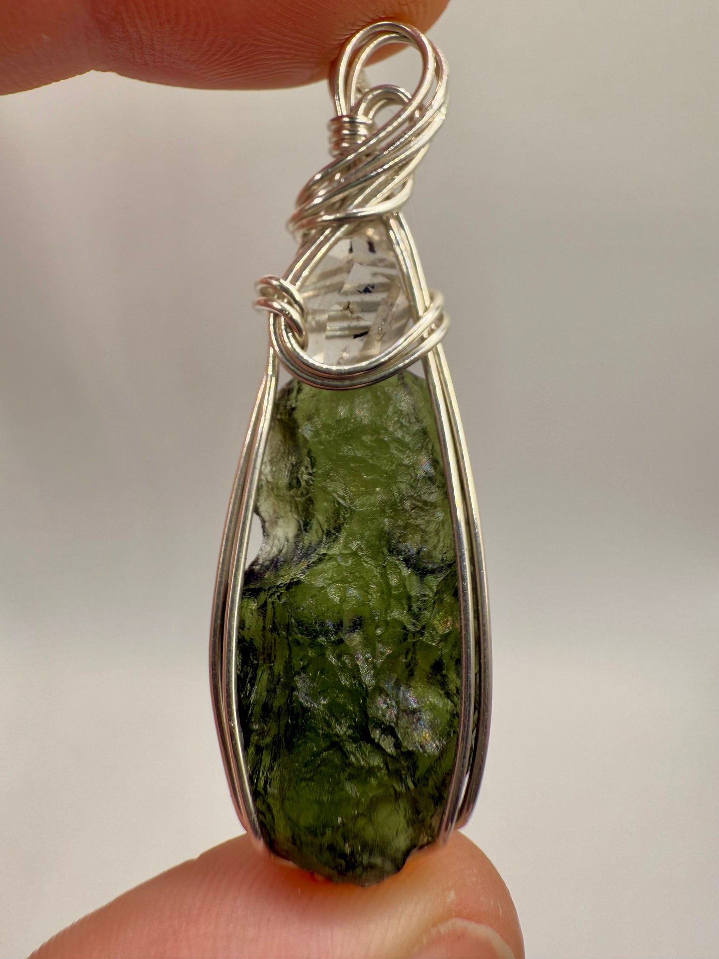 C11) Rainbow Vrabce Moldavite & Herkimer Diamond In Sterling Silver