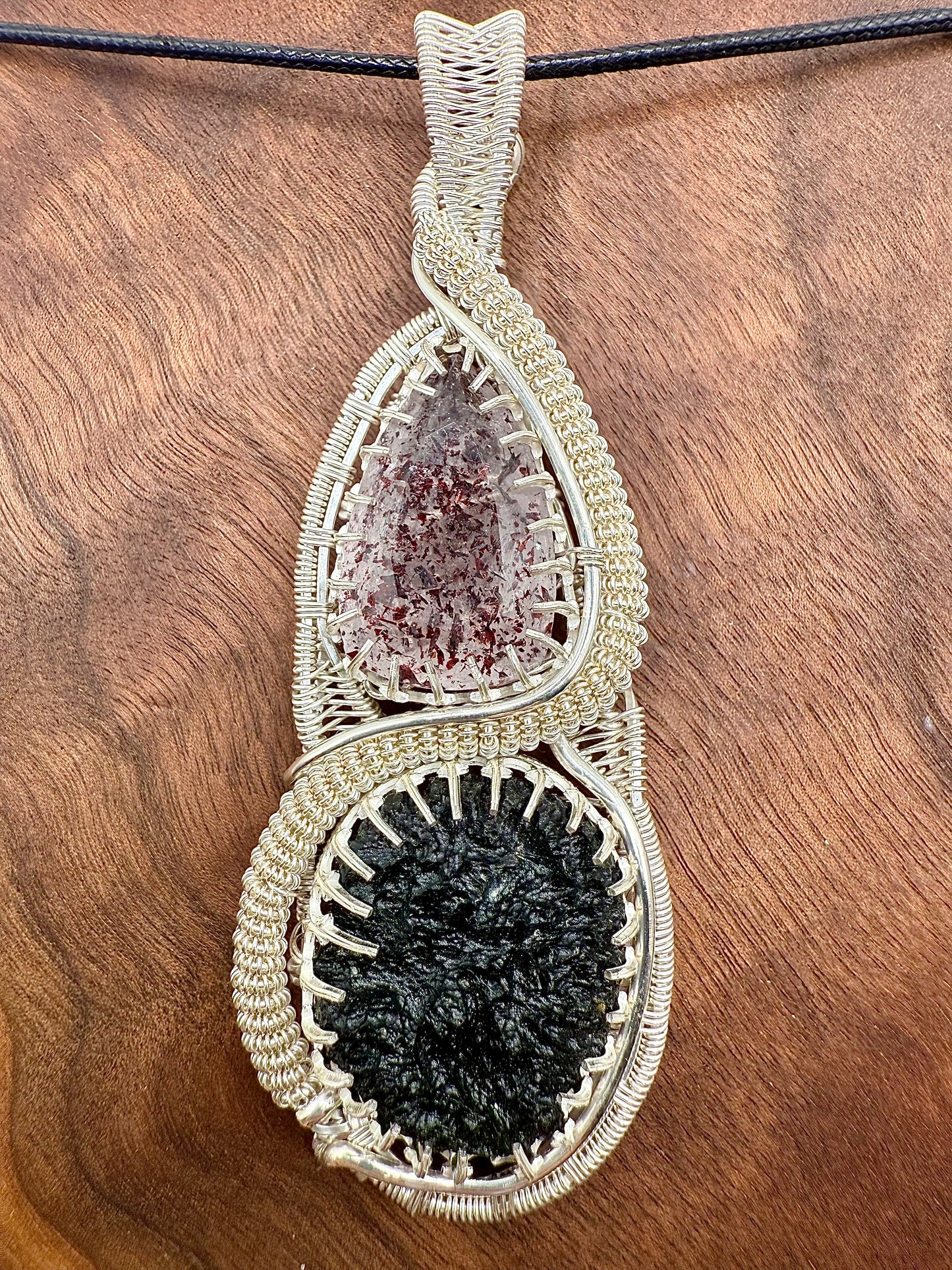 GG33) Large Moldavite & Super 7 Pendant Necklace In Sterling Silver