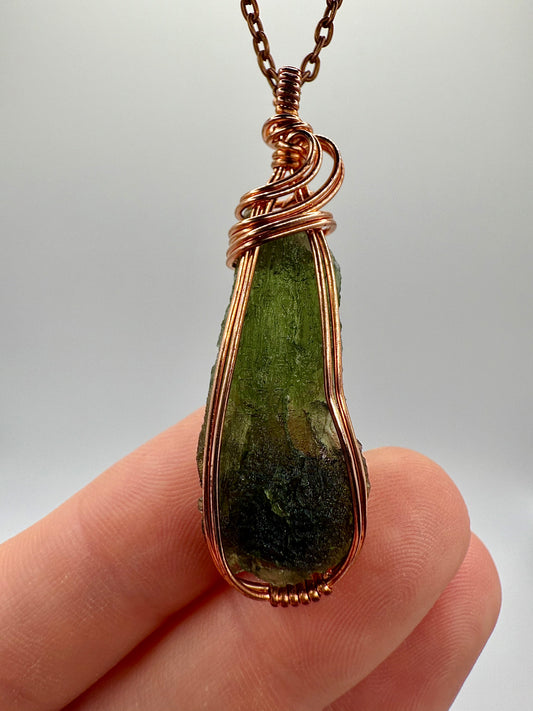B112) Moldavite Pendant Necklace In Copper