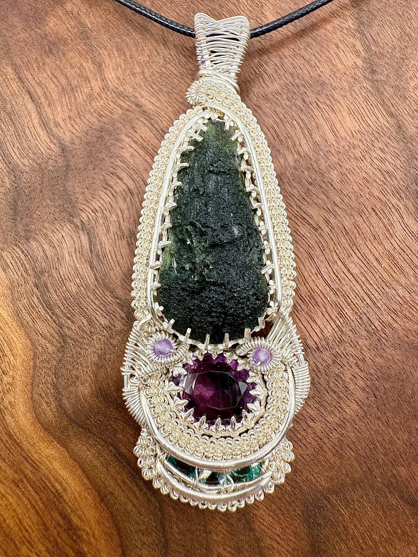 GG33) Large Moldavite, Amethyst, Aquamarine, & Blue Apatite Pendant Necklace In Sterling Silver