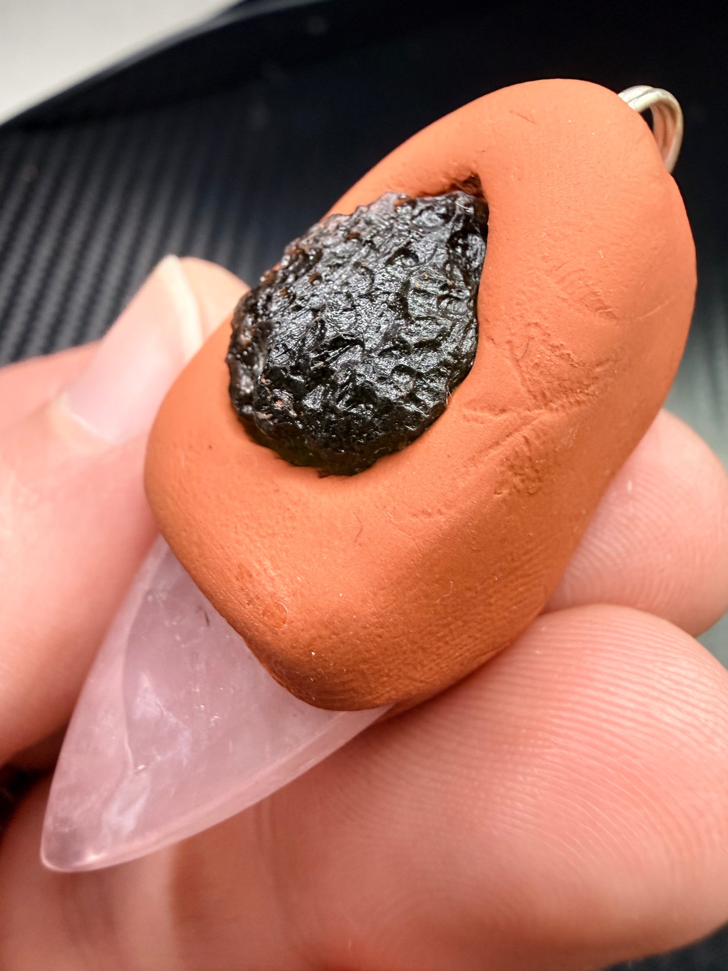 Rose Quartz & Moldavite Clay Talisman Pendant – Handmade Healing Amulet – Love & Transformation Energy
