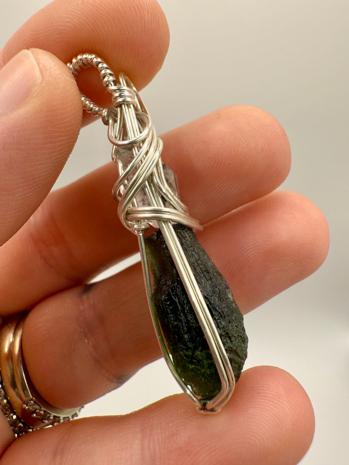 C11) Krasejovka Moldavite & Herkimer Diamond Pendant Necklace In Sterling Silver