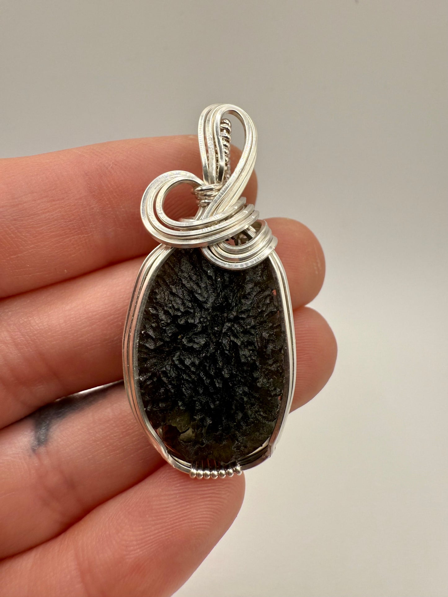 P112) Moldavite Pendant Necklace In Sterling Silver