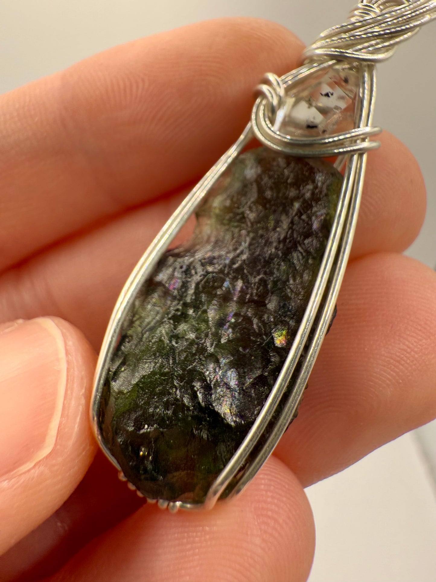 C11) Rainbow Vrabce Moldavite & Herkimer Diamond In Sterling Silver