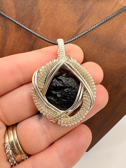 G112) Moldavite Pendant Necklace In Sterling Silver