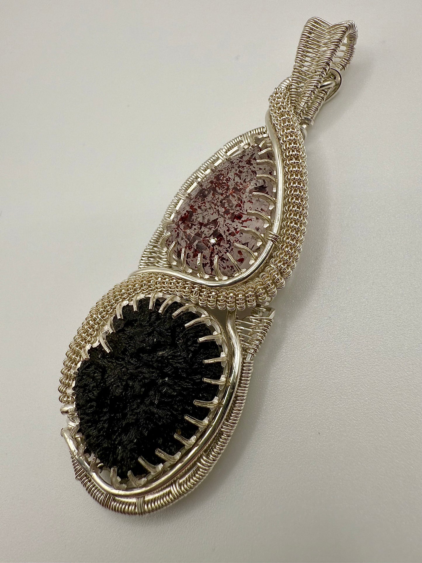 GG33) Large Moldavite & Super 7 Pendant Necklace In Sterling Silver