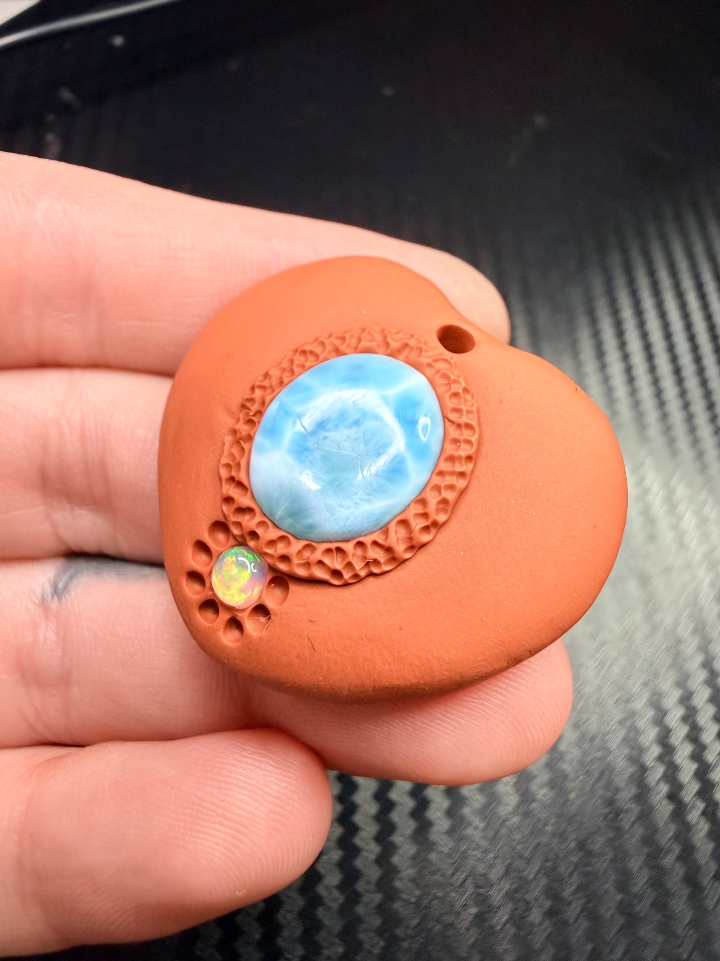 Larimar & Opal Heart Talisman Necklace | Divine Love Amulet | Handmade Clay Spiritual Jewelry | Healing Crystal Pendant | Heart Chakra Energy