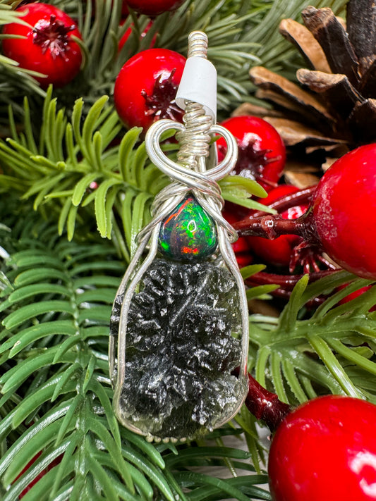 Moldavite & Black Opal pendant in Sterling Silver