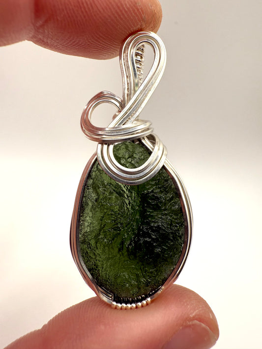 P112) Moldavite Pendant Necklace In Sterling Silver