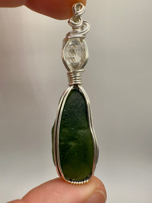 C112) Zliv Moldavite & Herkimer Diamond In Sterling Silver