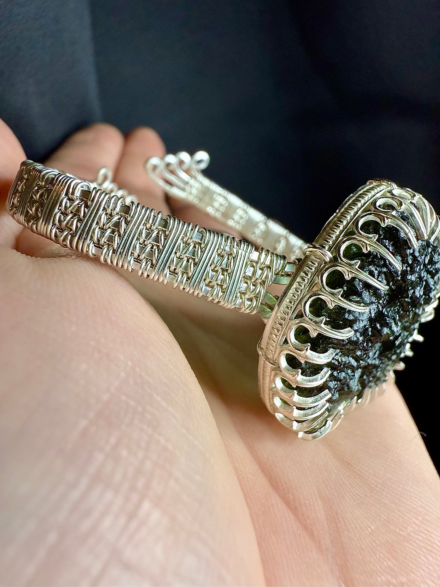 F112) Large Moldavite Bracelet In Sterling Silver