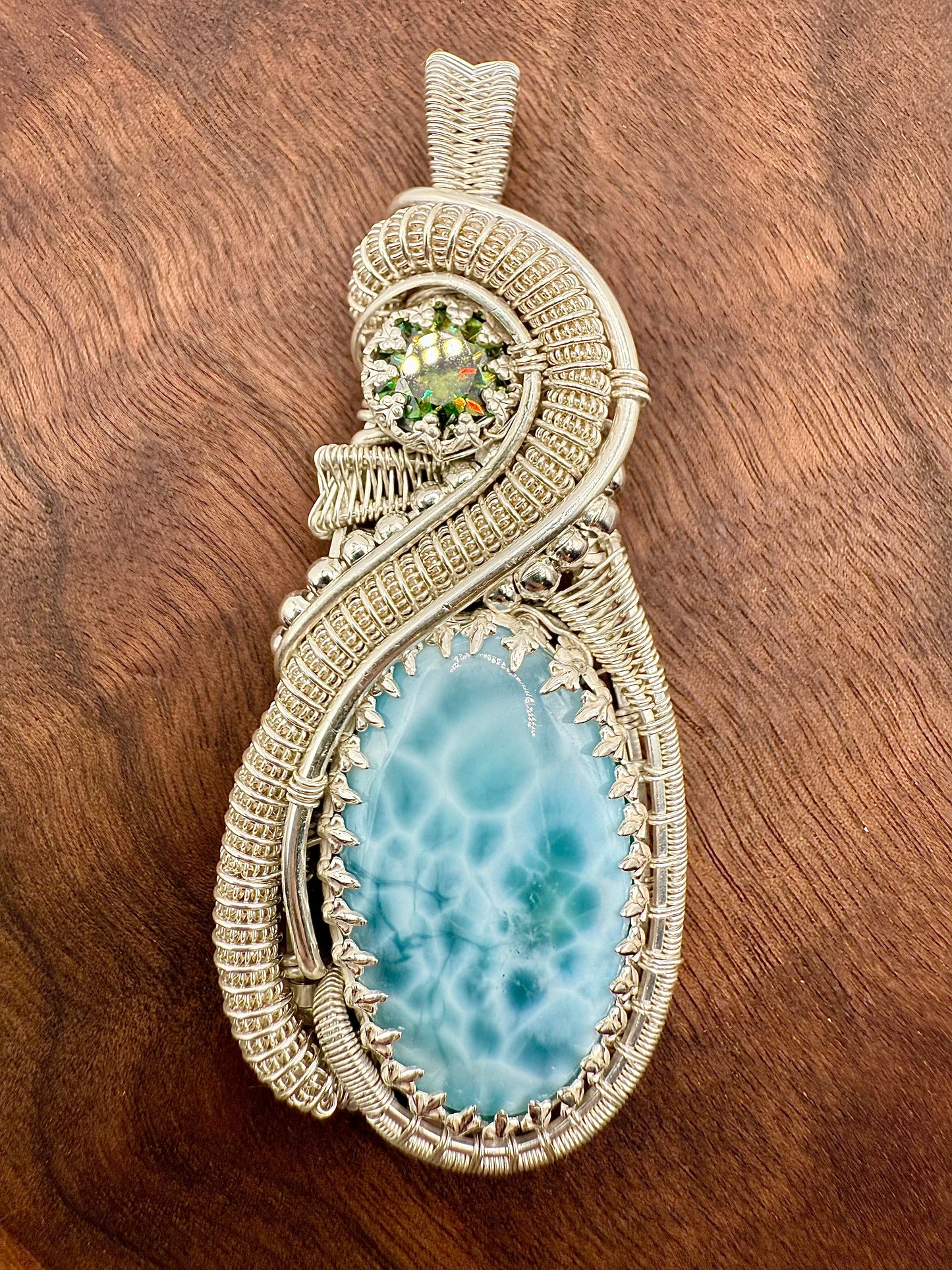 F112) Large Larimar & Green Mossanite Pendant Necklace In Sterling Silver