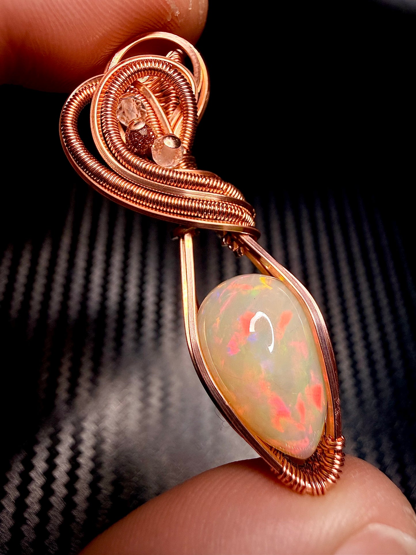 3EO) Ethiopian Welo Opal full flash, 8.15 carats in polished copper with clear quartz & goldstone accents
