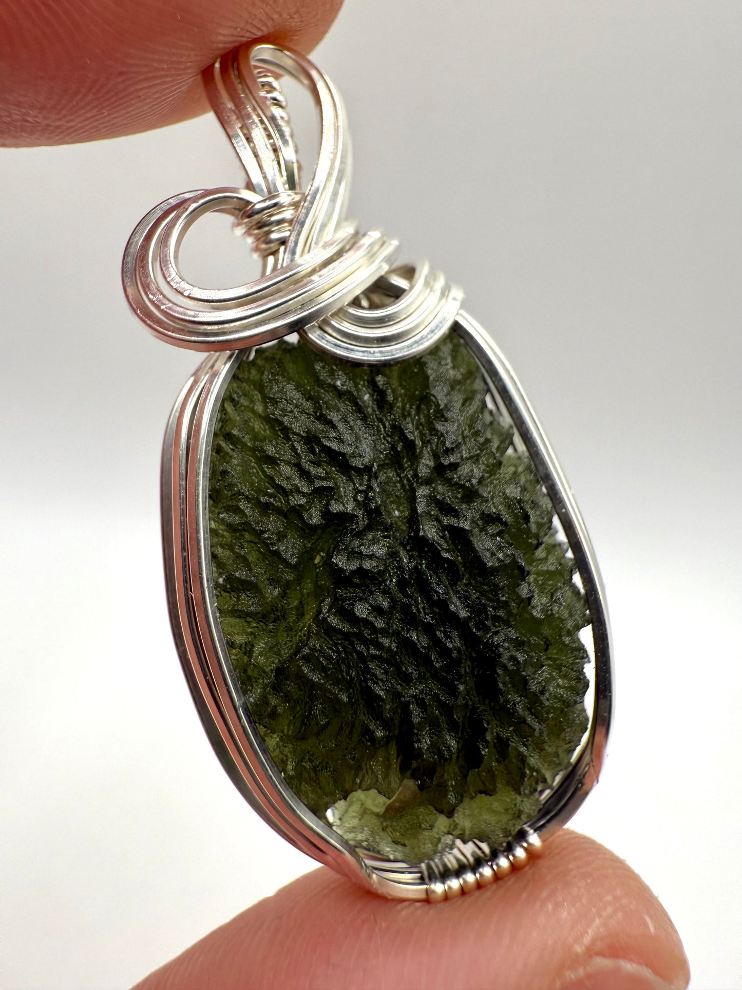 P112) Moldavite Pendant Necklace In Sterling Silver