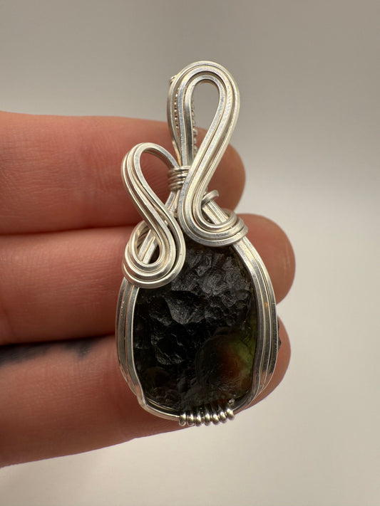 P112) Moldavite Pendant Necklace In Sterling Silver