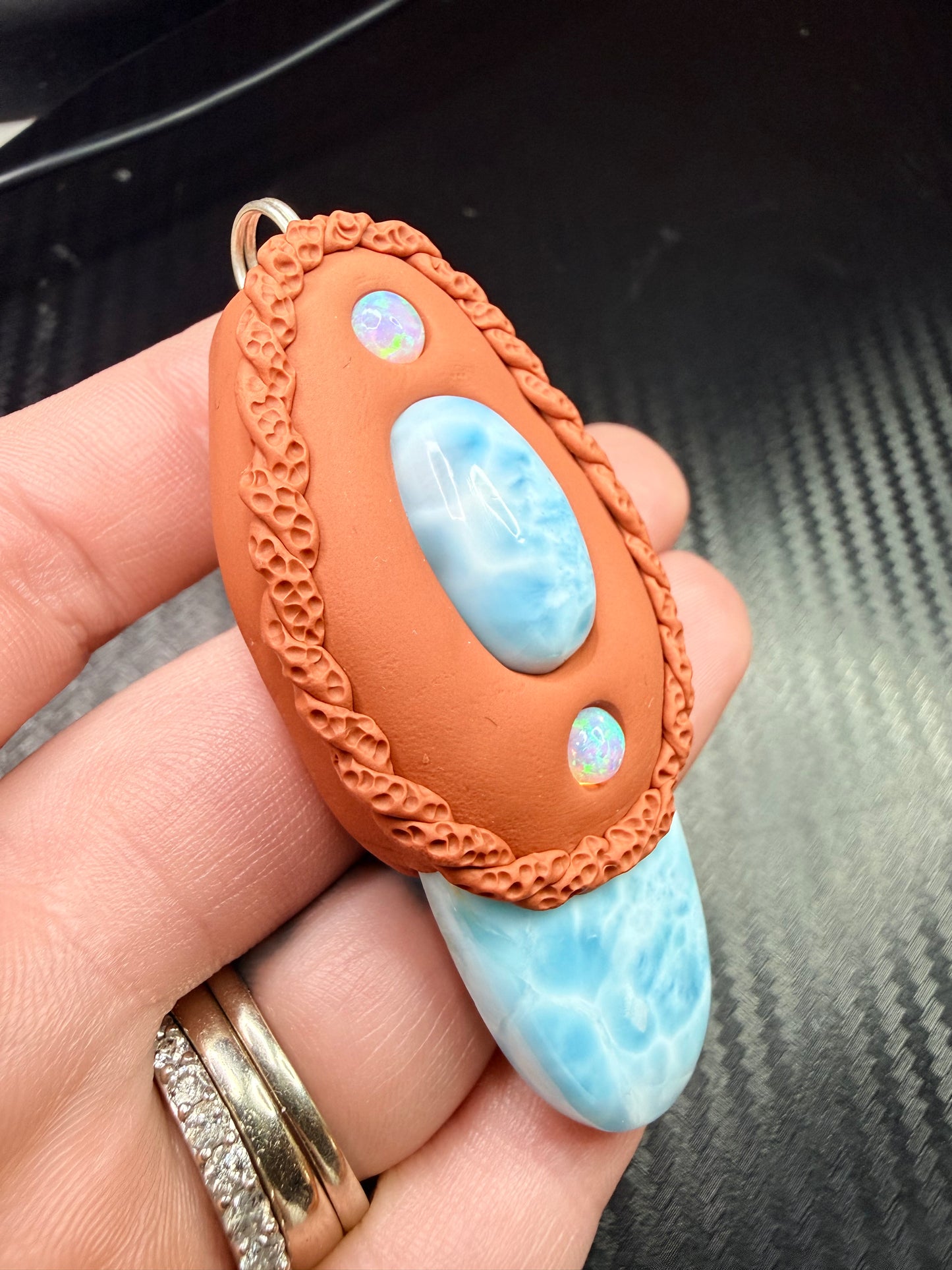 Larimar & Opal Flow Talisman Necklace | Double Larimar Pendant | Spiritual Alignment Jewelry | Handmade Clay Amulet | Ocean Energy Crystal Necklace