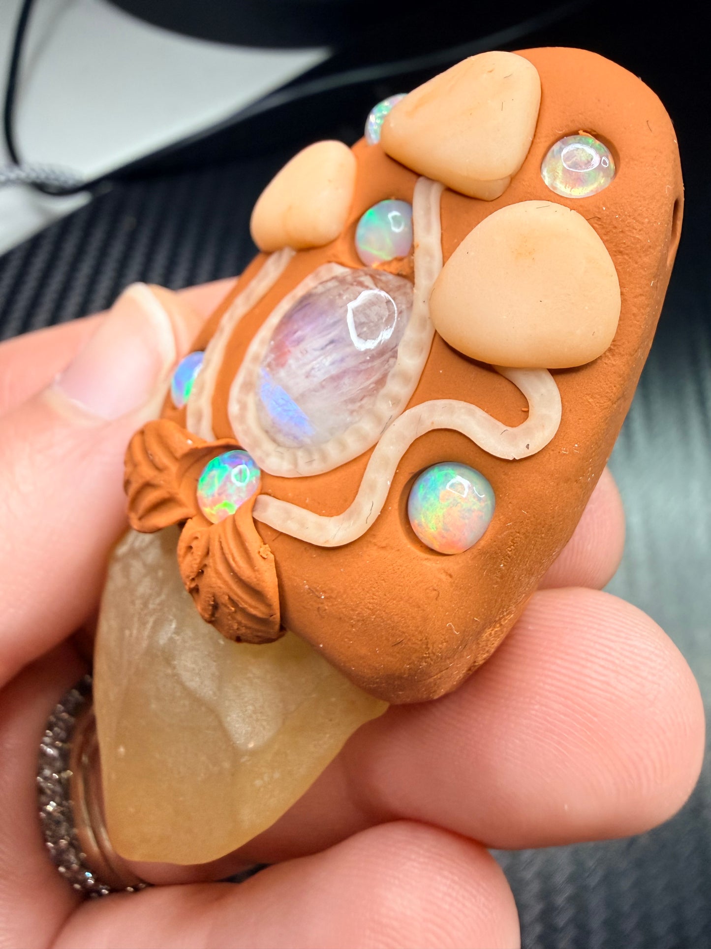 Libyan Desert Glass, Moonstone & Ethiopian Opal Clay Talisman – Handmade Spiritual Amulet – Solar Energy, Intuition & Divine Flow
