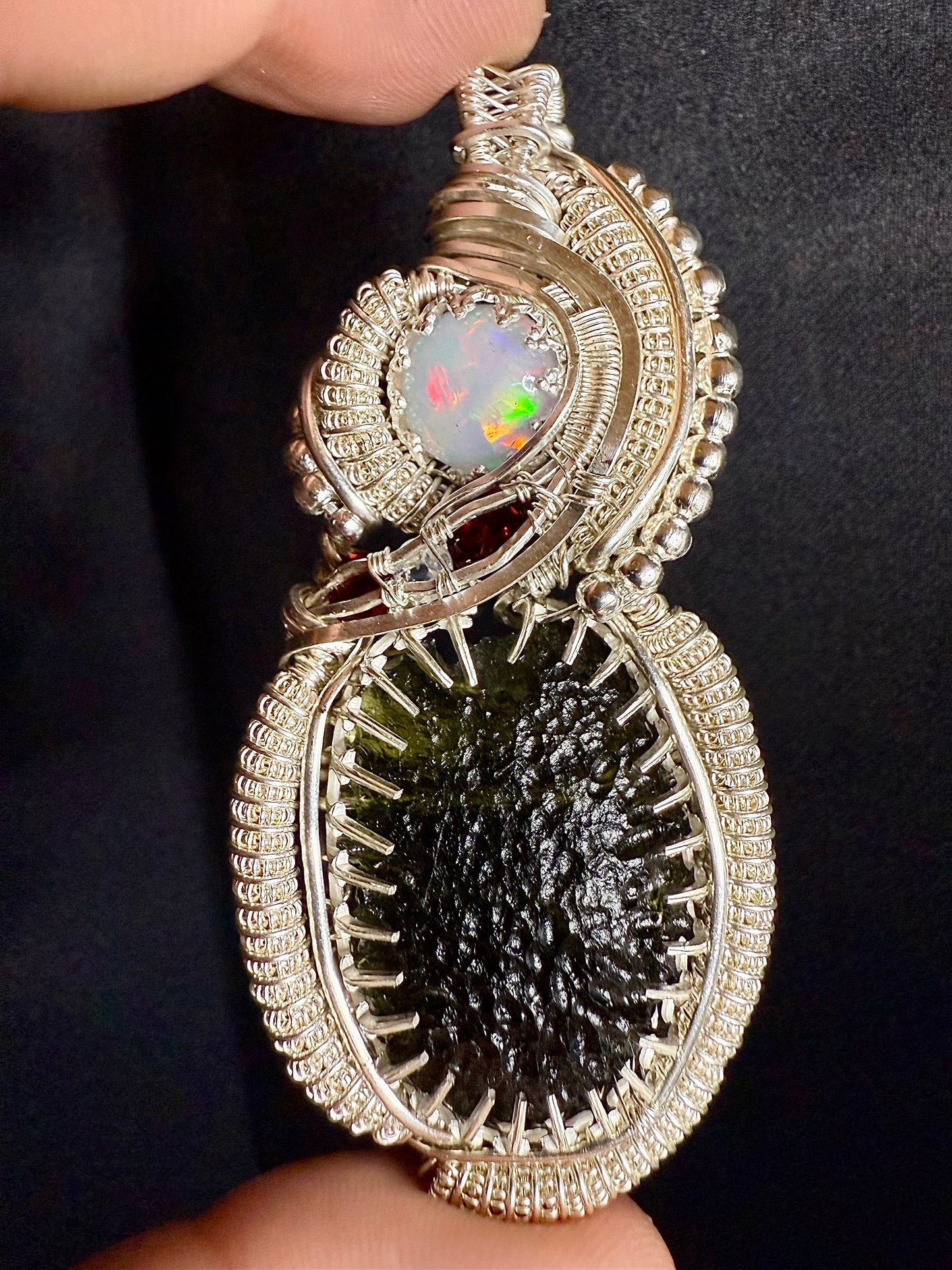 ZZ12) Moldavite & Opal Pendant In Sterling Silver