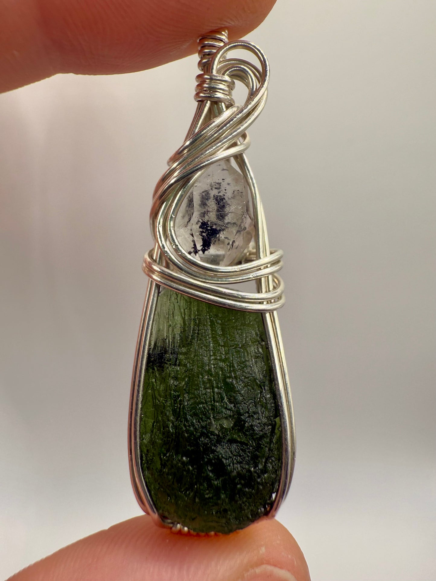 C11) Krasejovka Moldavite & Herkimer Diamond Pendant Necklace In Sterling Silver
