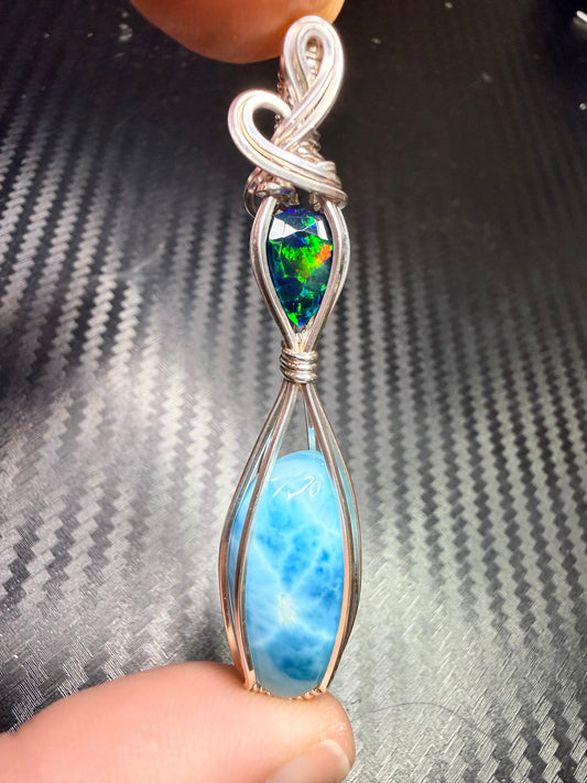 Larimar & Ethiopian Opal Pendant in 925 Sterling Silver – Blue & Fire Opal Necklace, Ocean Inspired Gemstone Jewelry, Unique Gift