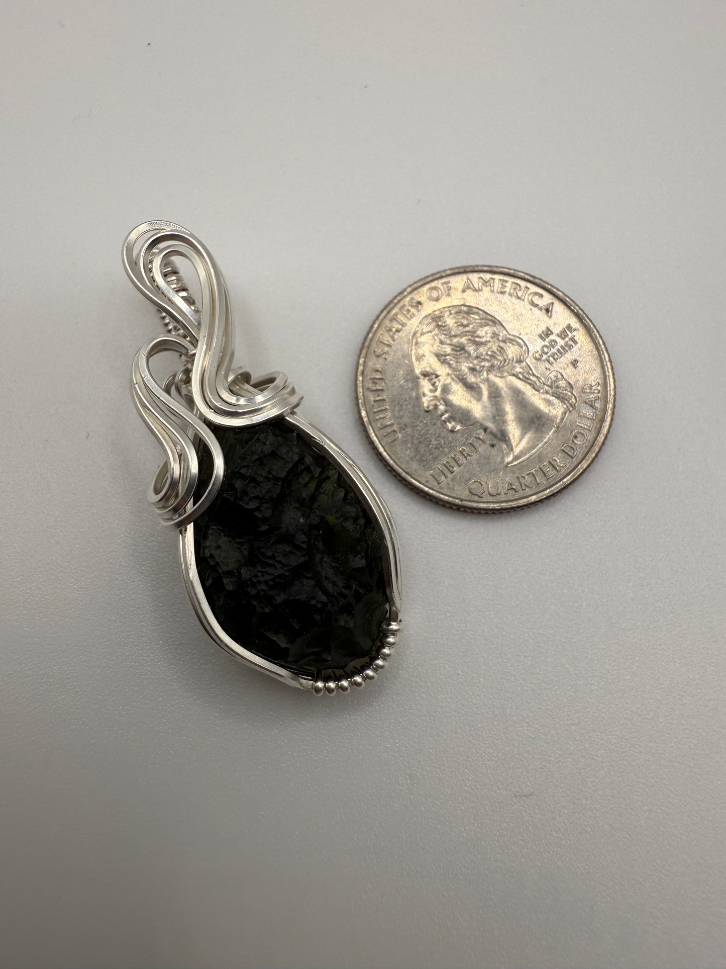 P112) Moldavite Pendant Necklace In Sterling Silver
