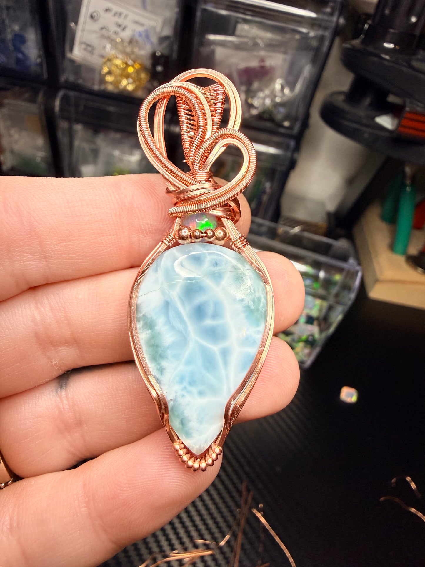Larimar Pendant In Copper With Opal Accent