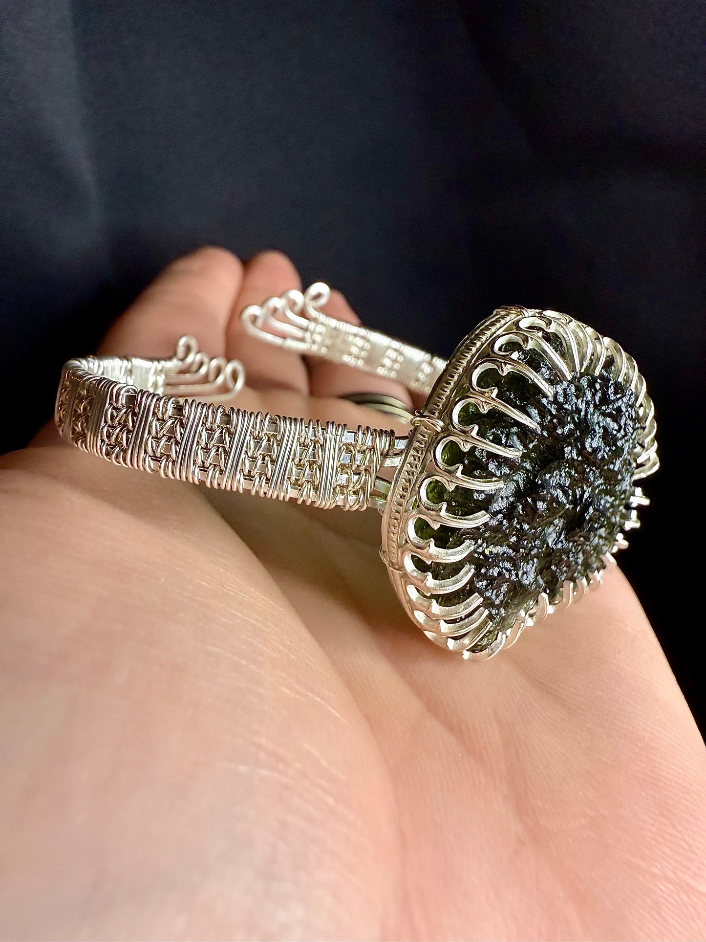 F112) Large Moldavite Bracelet In Sterling Silver