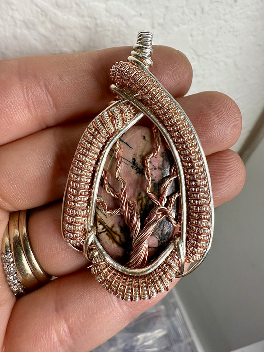 C11) Tree Of Life Pendant With Rhodonite In Sterling Silver & Copper