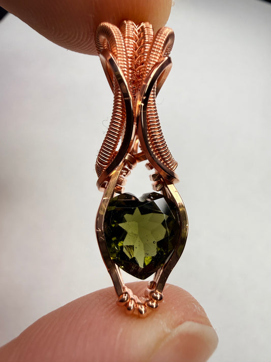 Moldavite Heart Faceted Pendant In Copper