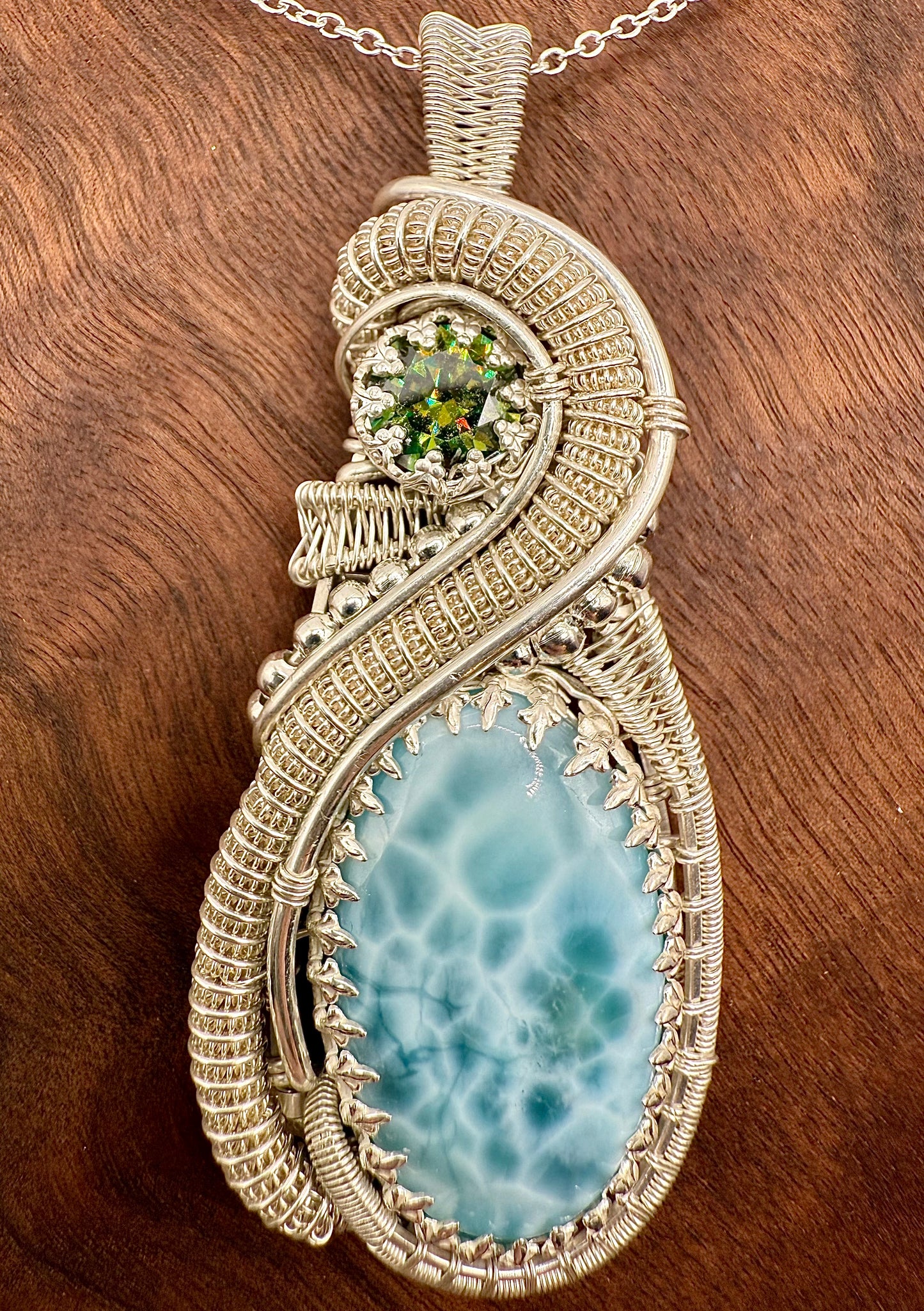 F112) Large Larimar & Green Mossanite Pendant Necklace In Sterling Silver