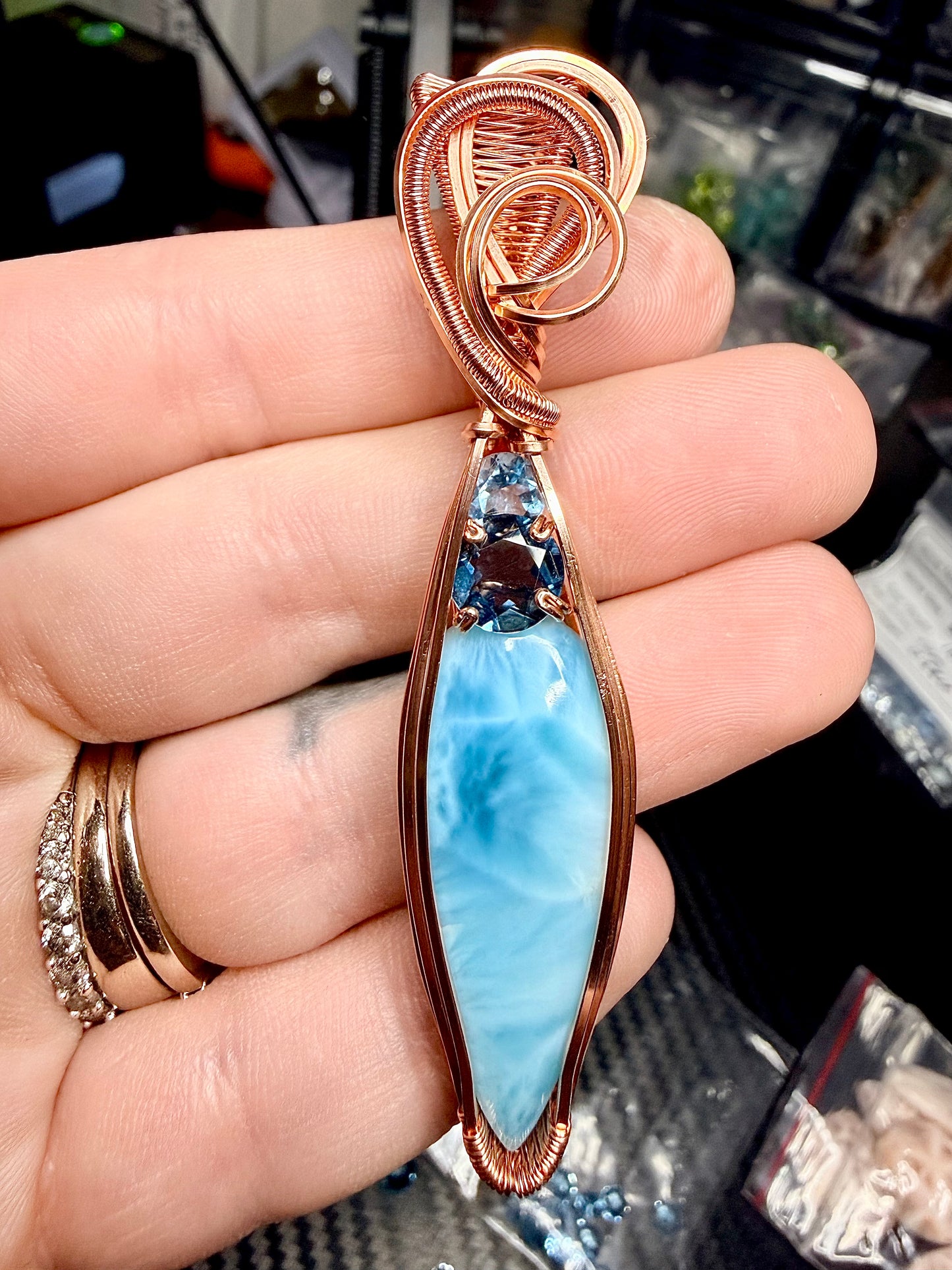 Larimar Pendant In Copper With London Blue Topaz & Sky Blue Topaz Accents