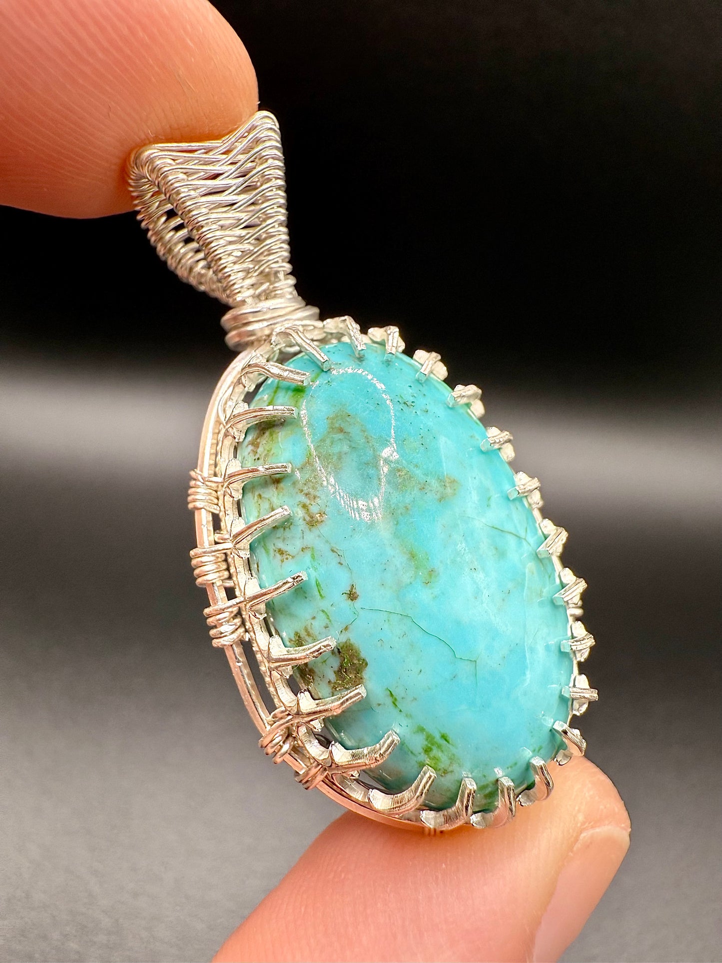 C112) Alacran Turquoise Pendant Necklace, From Mexico Mine In Sterling Silver