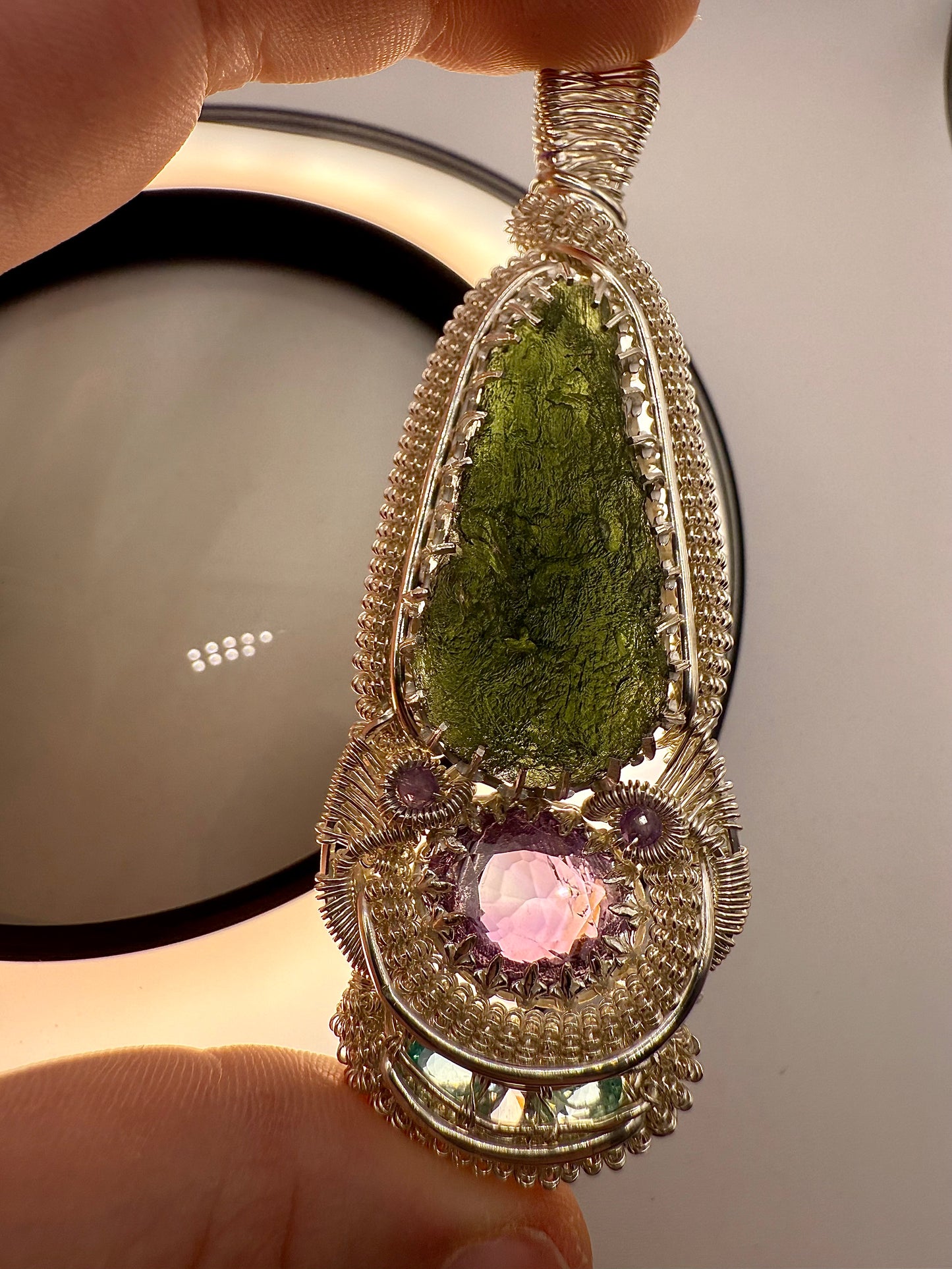 GG33) Large Moldavite, Amethyst, Aquamarine, & Blue Apatite Pendant Necklace In Sterling Silver