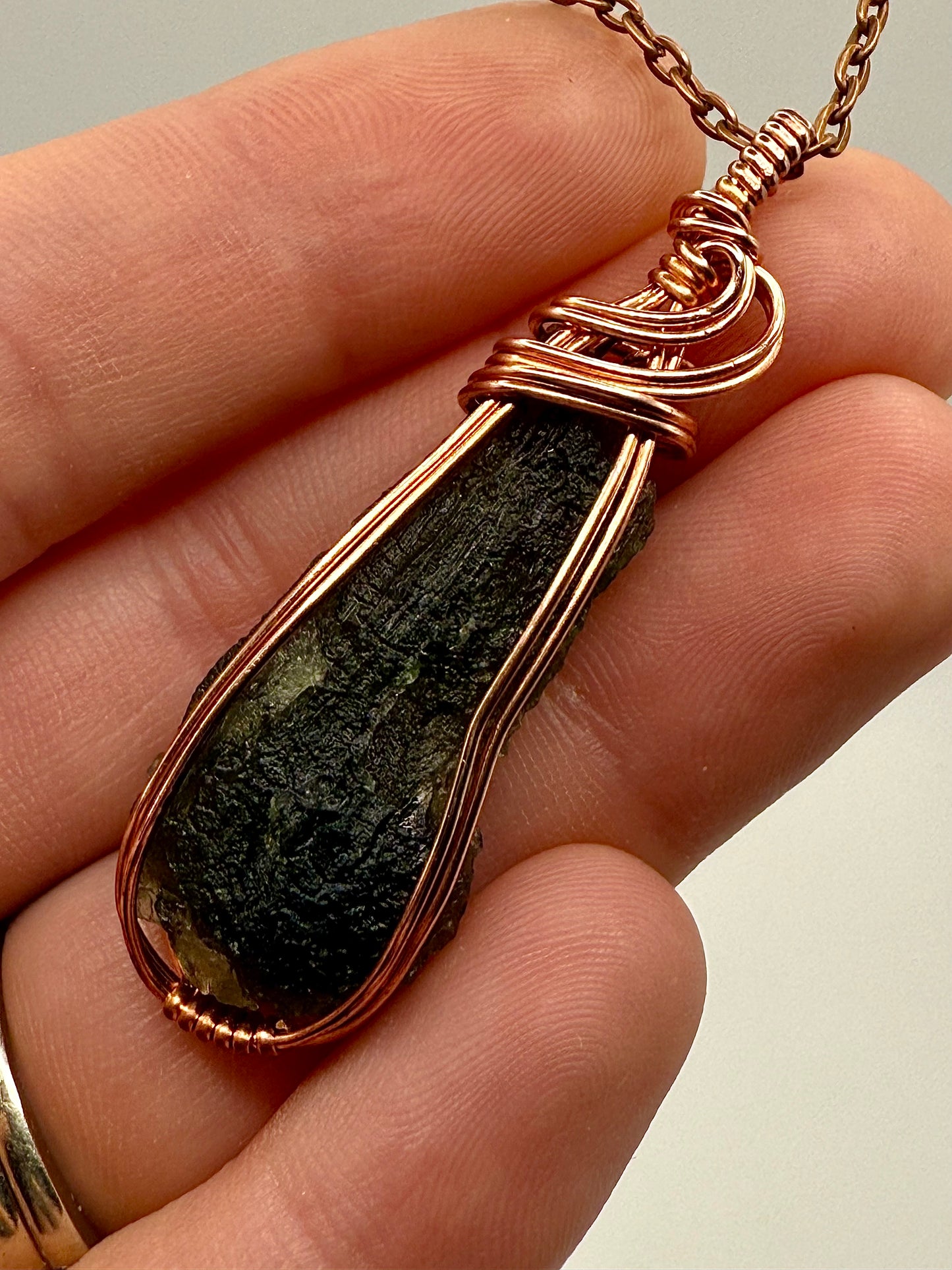 B112) Moldavite Pendant Necklace In Copper