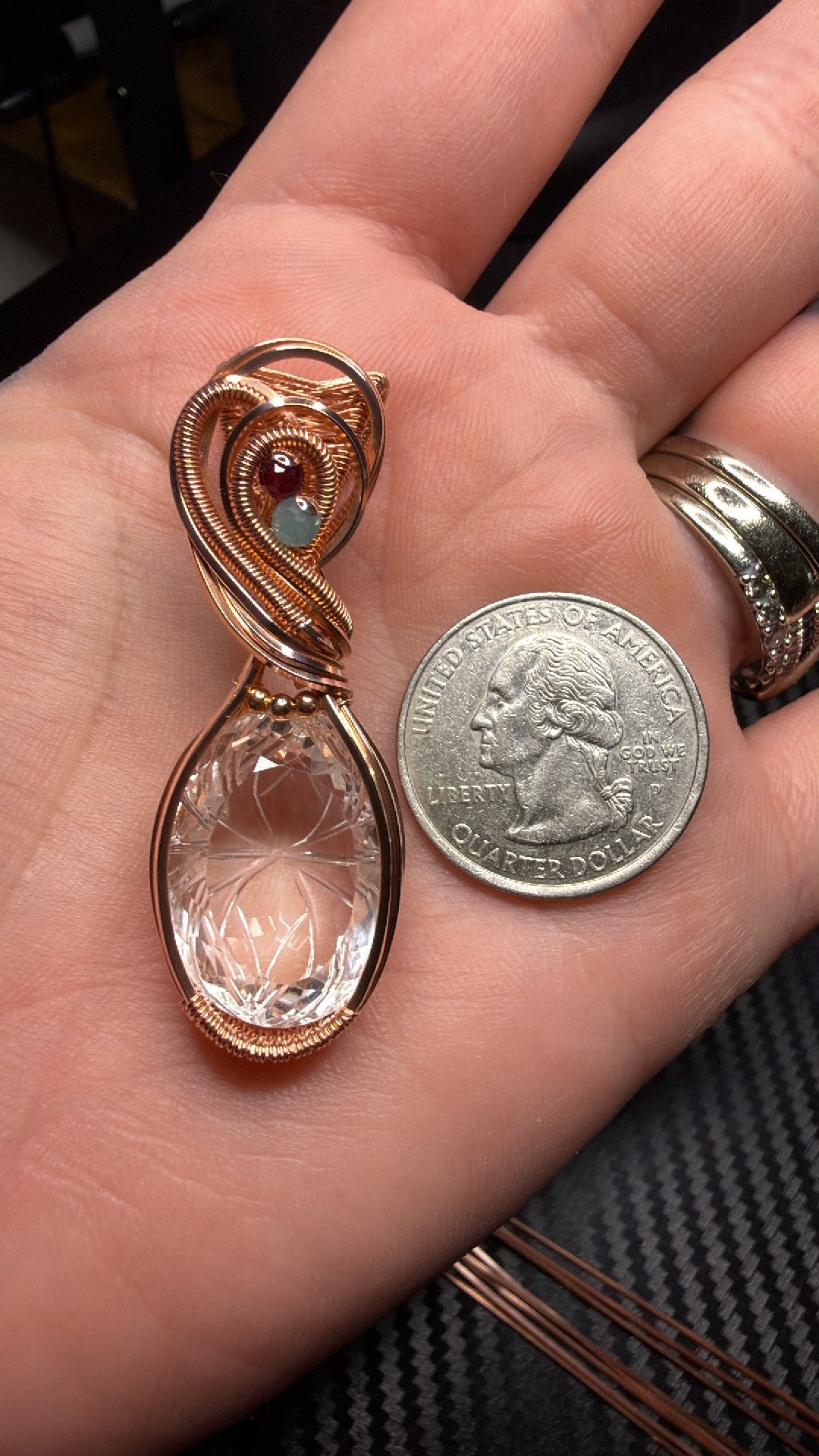 Carved Himalayan Quartz with Red Garnet & Amazonite accents in polished Copper. Himalayan Quartz weight 28.35 carats.