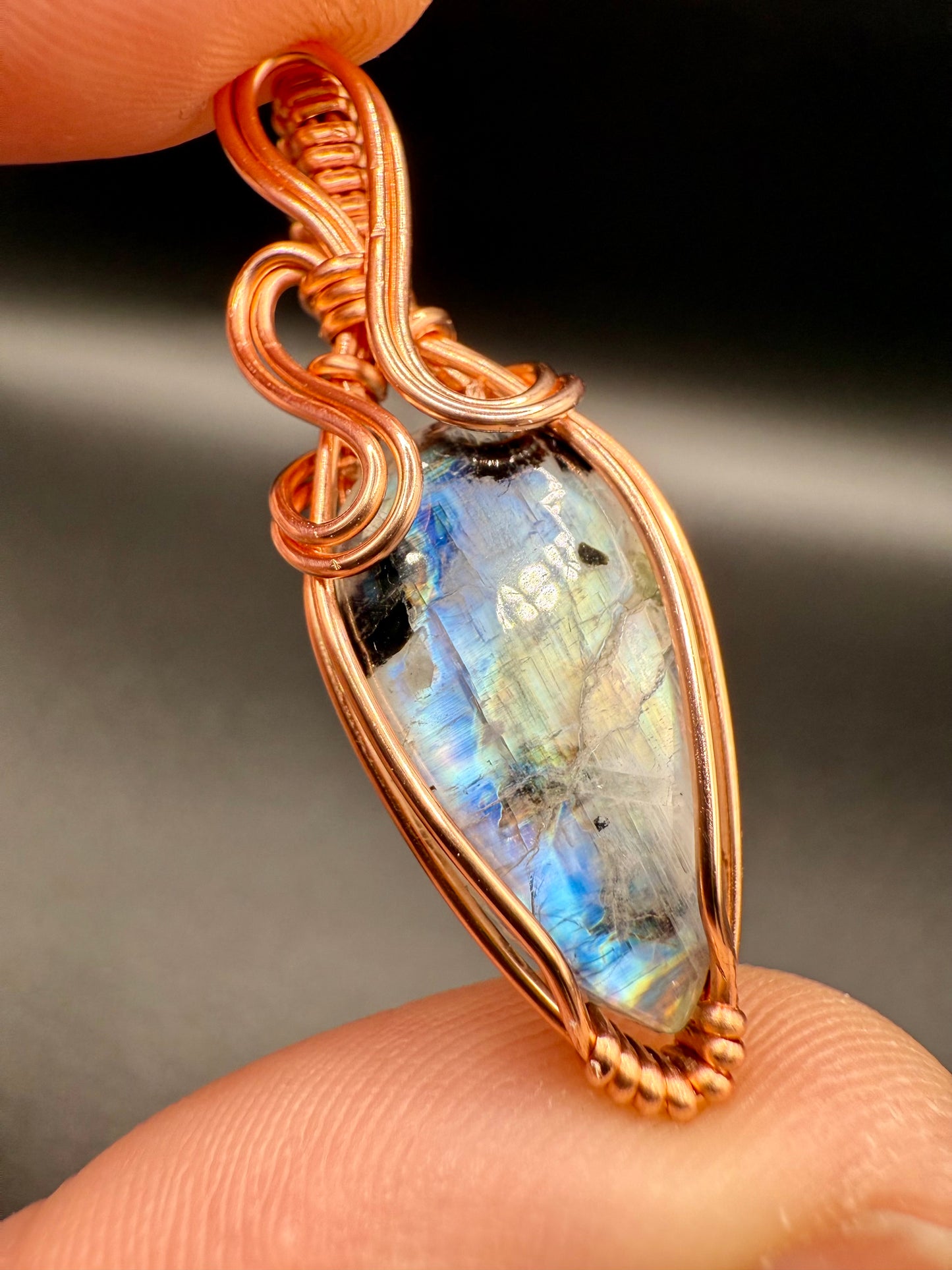 A1.) Christmas Special Moonstone with Black Tourmaline Inclusions In Copper
