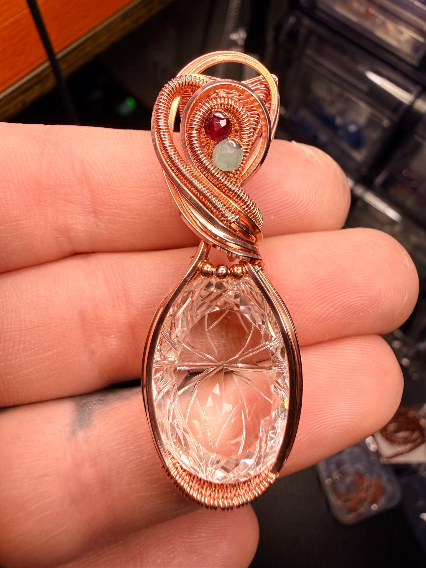 Carved Himalayan Quartz with Red Garnet & Amazonite accents in polished Copper. Himalayan Quartz weight 28.35 carats.