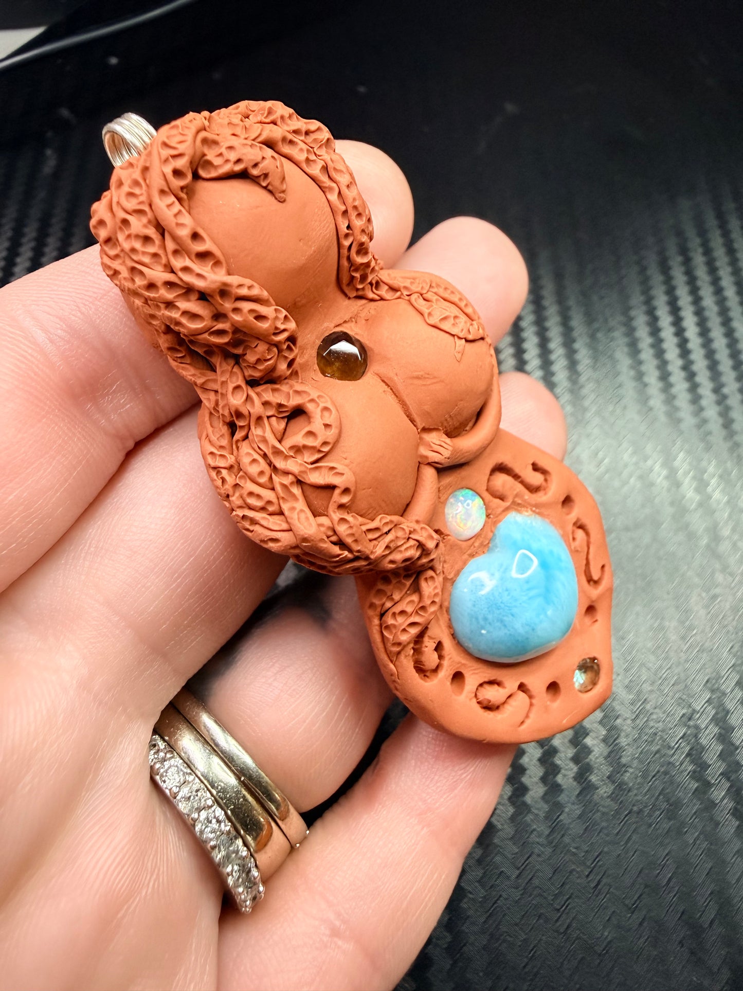 Goddess Talisman Necklace | Larimar, Opal, Moldavite & Blue Apatite | Divine Feminine Amulet | Handmade Clay Spiritual Jewelry | Chakra Healing Pendant