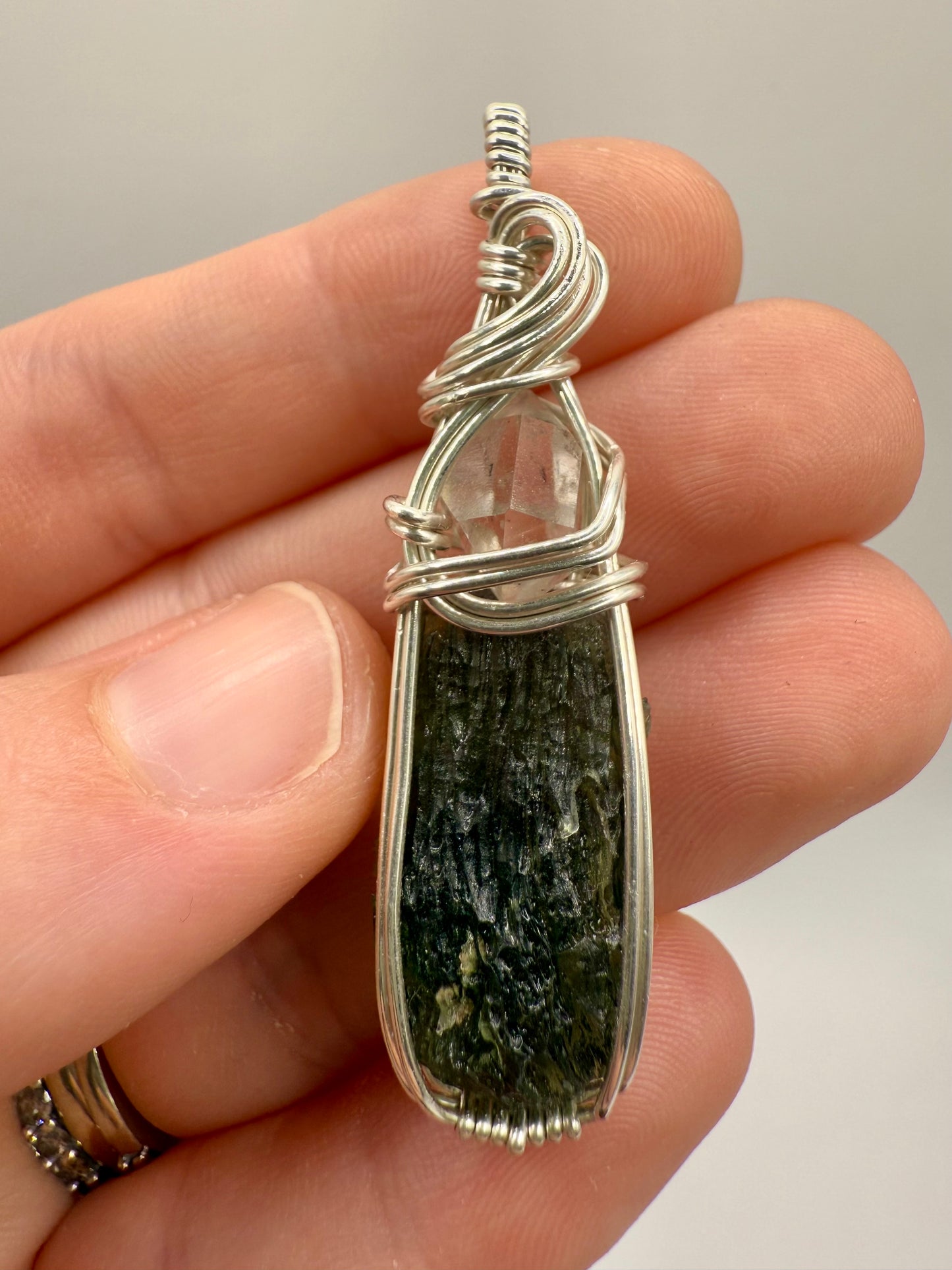 C11) Krasejovka Moldavite & Herkimer Diamond Pendant Necklace In Sterling Silver