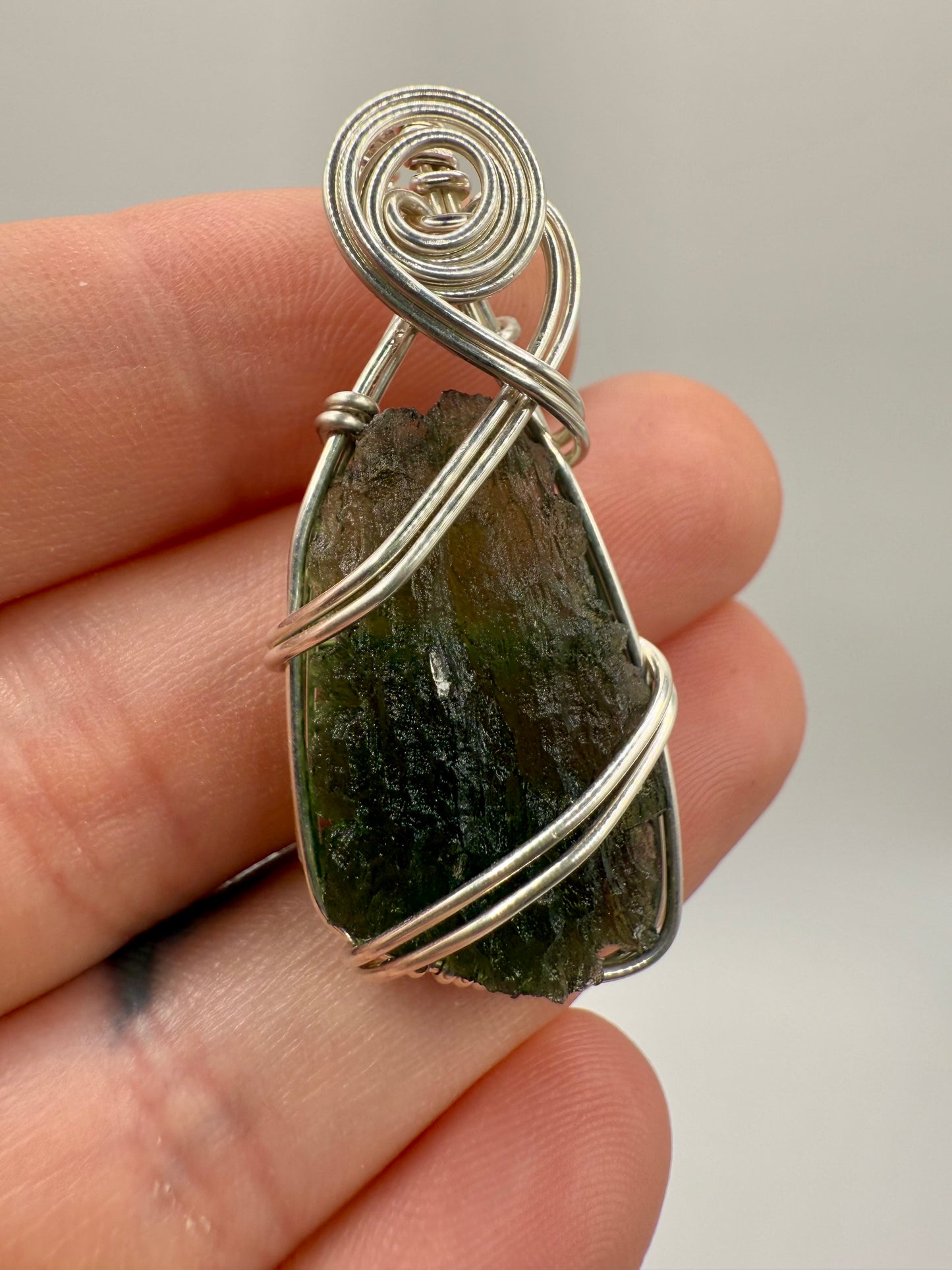 B112) Moldavite Pendant Necklace In Sterling Silver