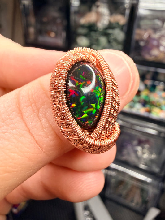 3EO) Ethiopian Smoked Opal Full Flash Ring In Copper Size 8.5 ￼